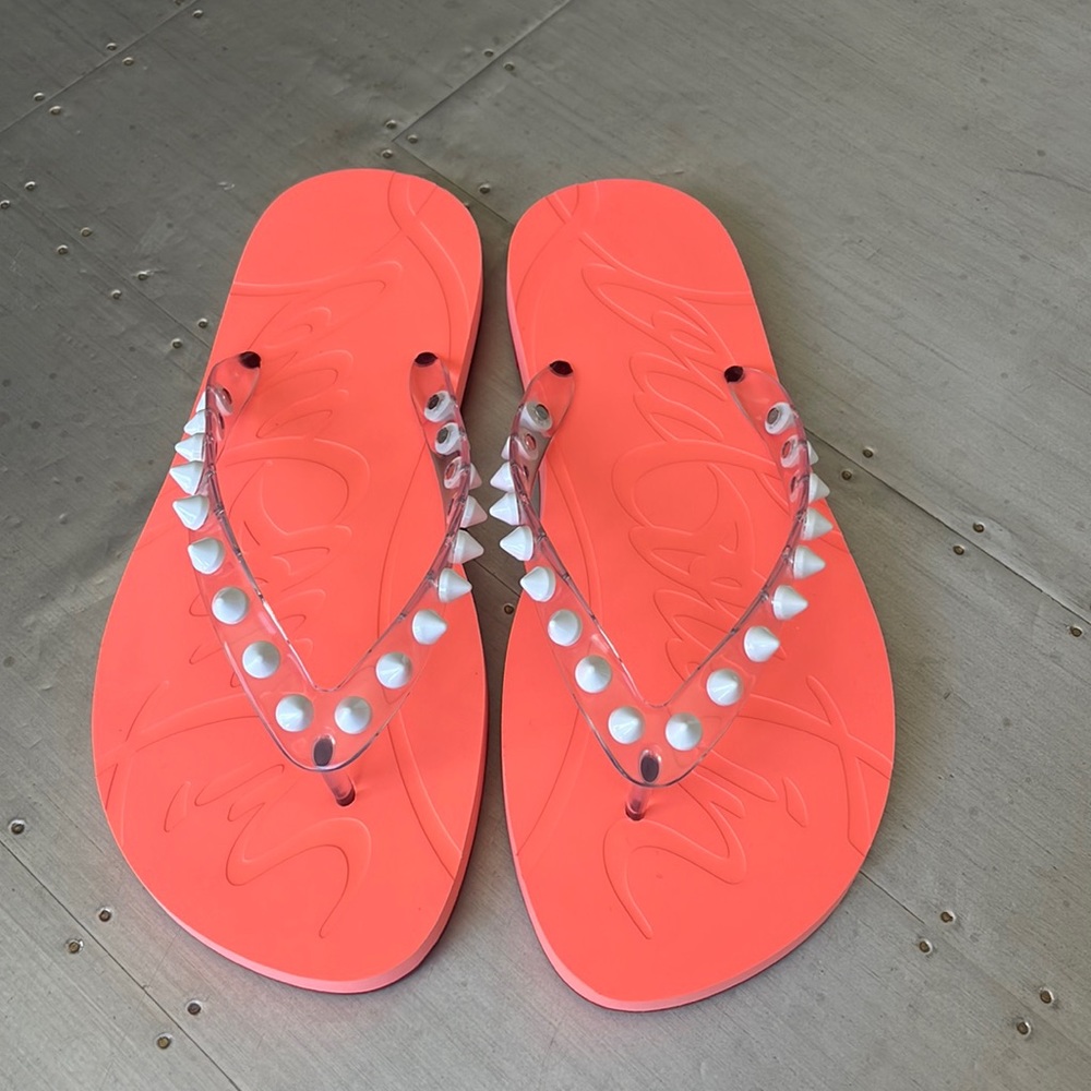 Christian Louboutin loubi flip pvc rubber drag neon white sandal thong sz 37